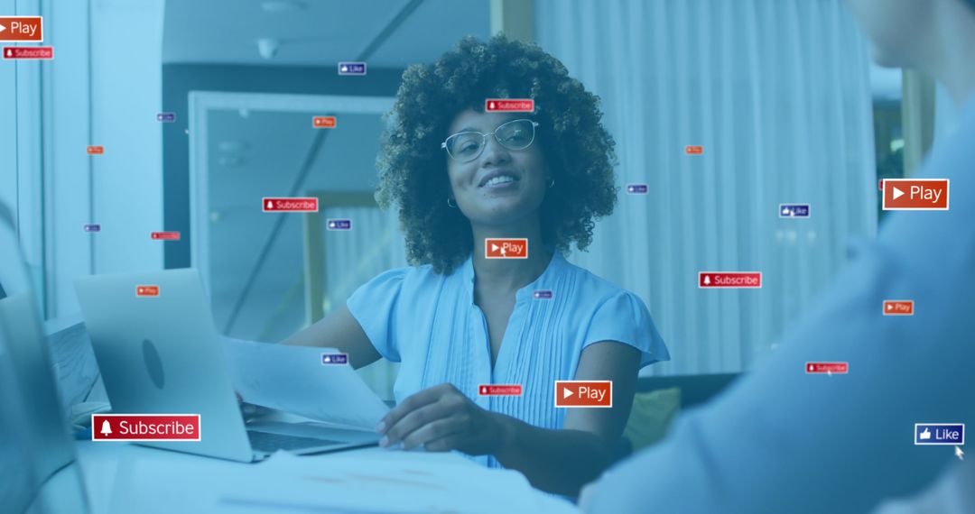 Diverse Business Team Collaborating with Social Media Overlay