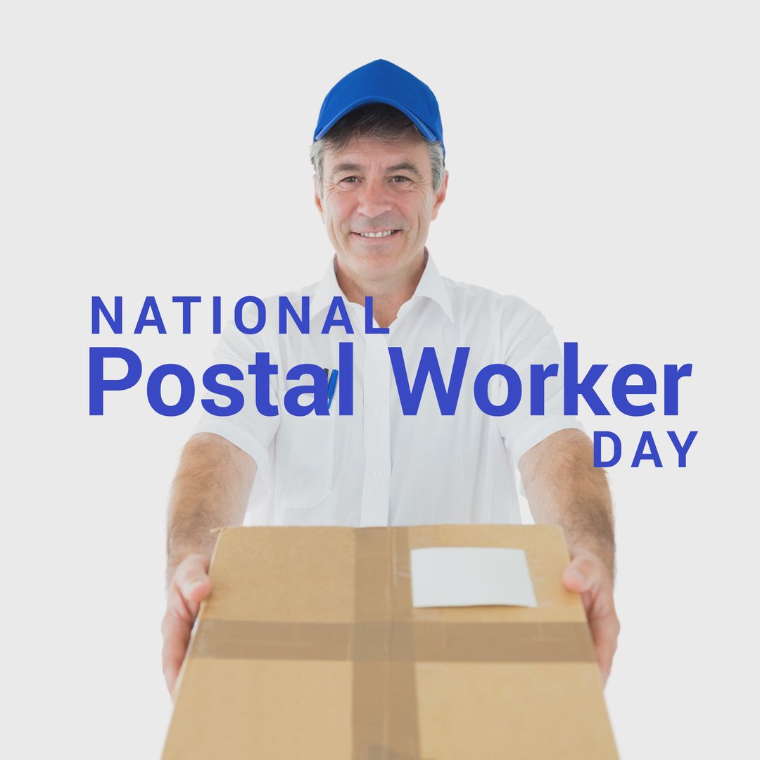 Smiling Deliveryman Holding Parcel for Postal Worker Day