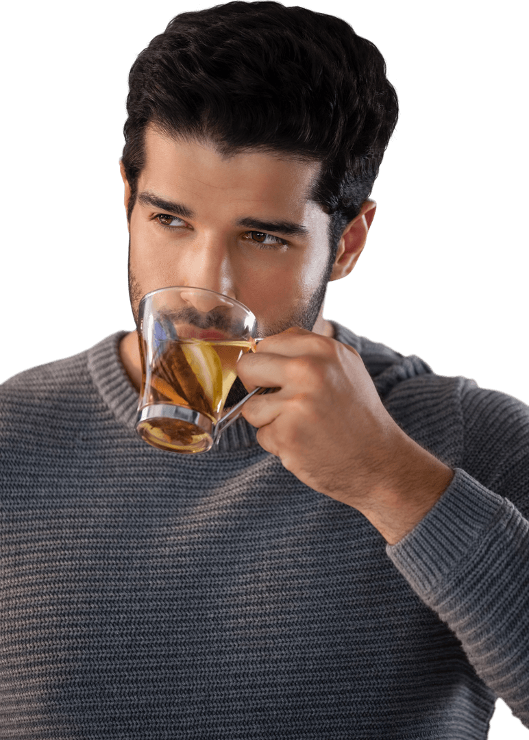 Young Man Savoring Lemon Tea on Transparent Background