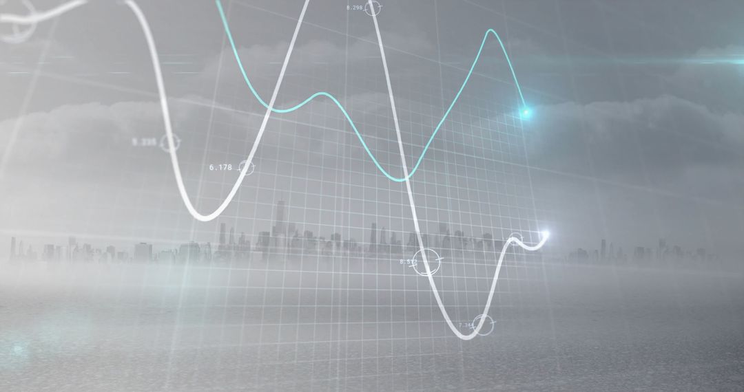 Digital Analytics Graphs Over Urban Skyline in Fog