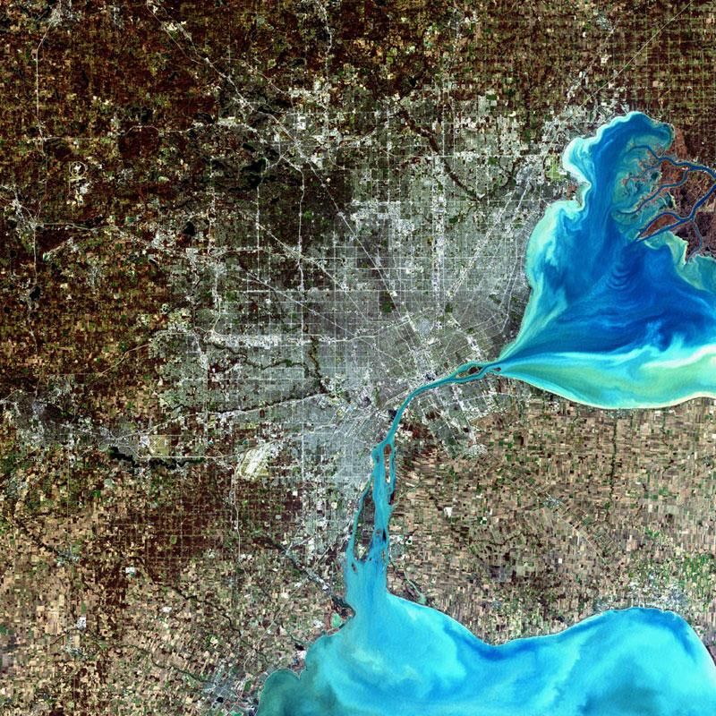 Satellite View of Detroit, Michigan with Water Bodies Visible in 2001 - Free Images, Stock Photos and Pictures on Pikwizard.com