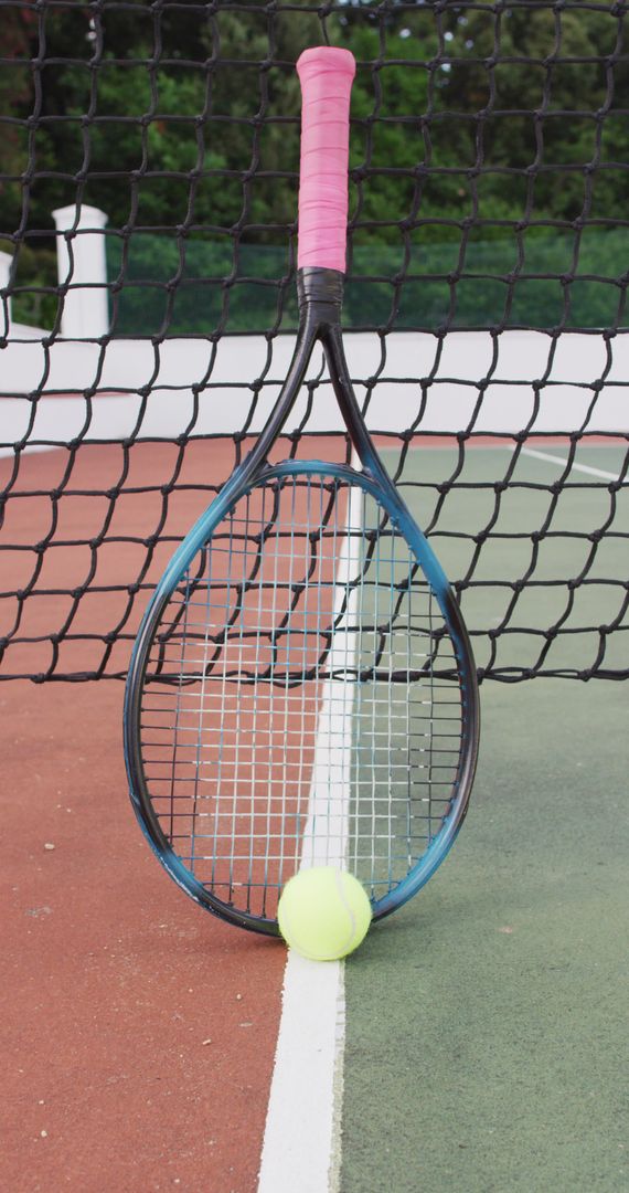 Tennis Racket and Ball Leaning on Net on a Court
