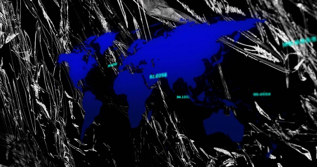 Displaying deep blue world map silhouette on crumpled metallic foil with neon data labels
