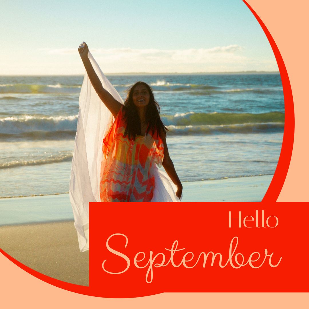 Joyful Celebration on Beach with 'Hello September' Theme