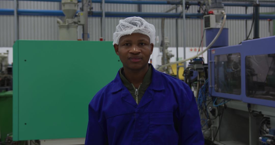 Factory Worker Wearing Hair Net Smiling at Machinery