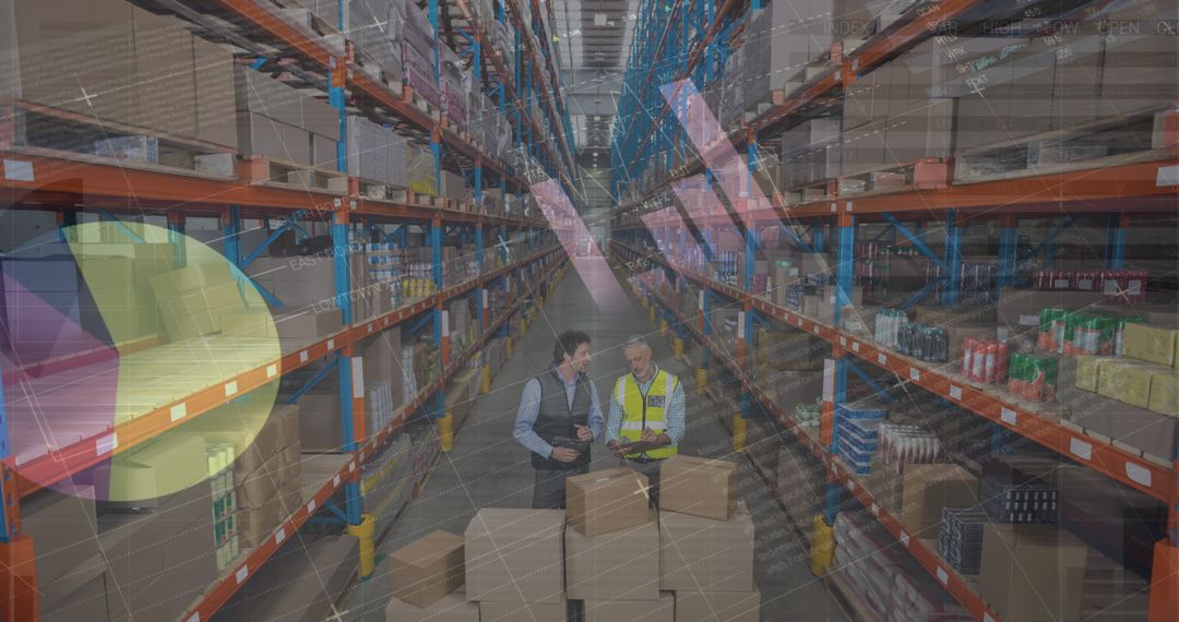 Warehouse Team Analyzing Business Statistics Overlay