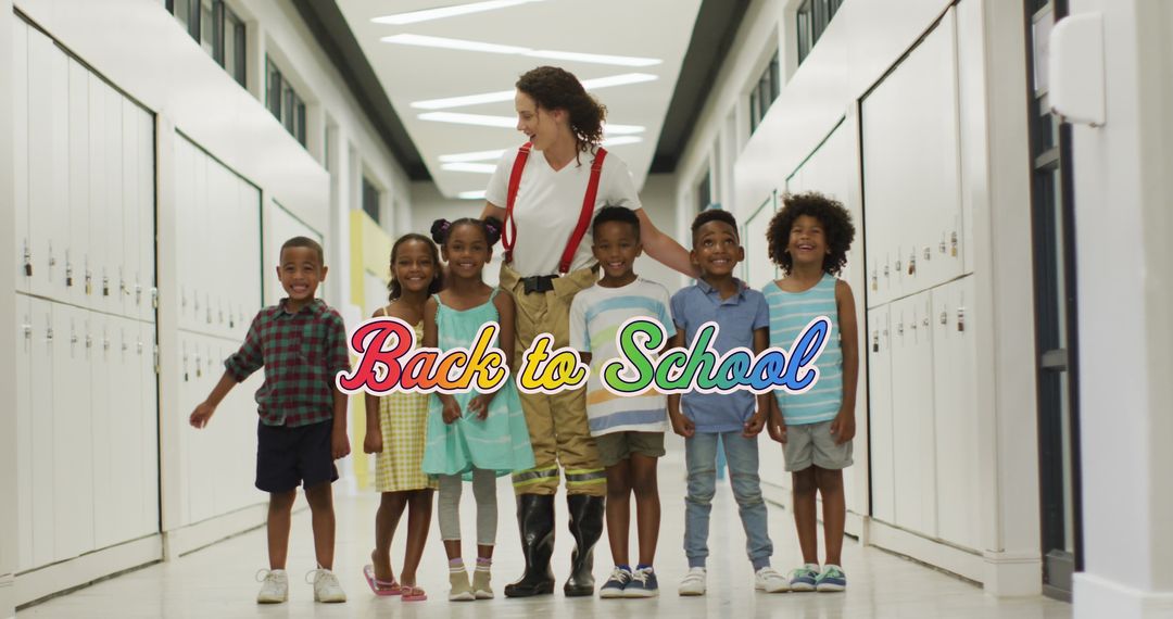 Happy Return to School with Smiling Teacher and Diverse Group of Students