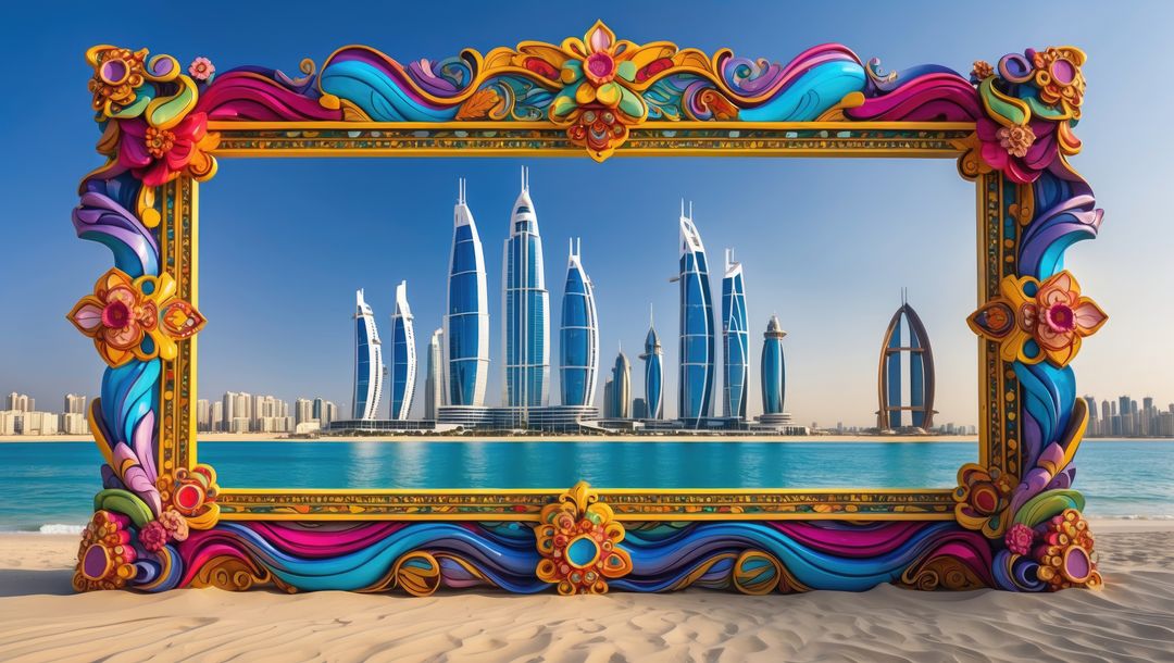 Ornate Framed Cityscape Overlooking Modern Curved Towers on Beach