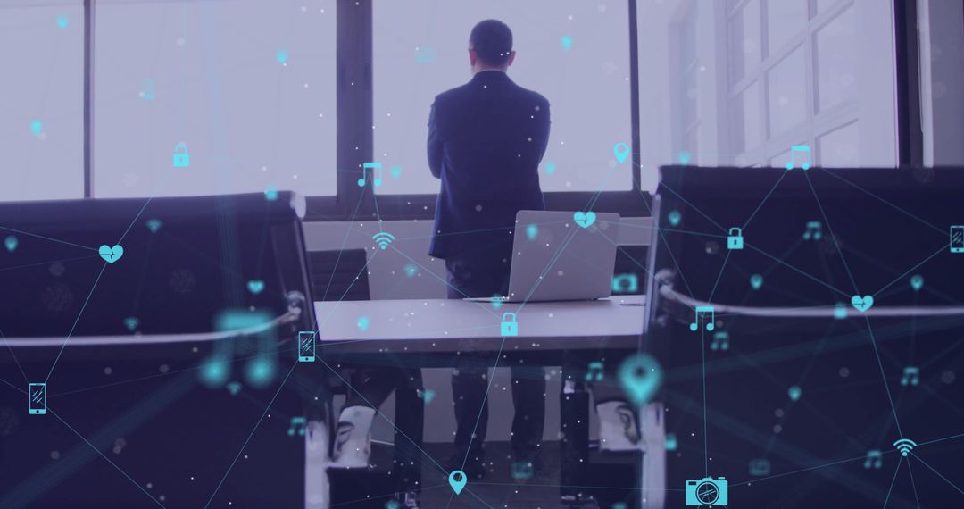 Businessman in Office Surrounded by Digital Icons and Network Connections