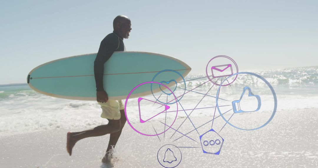 Surfer Engaging with Digital Elements at Beach