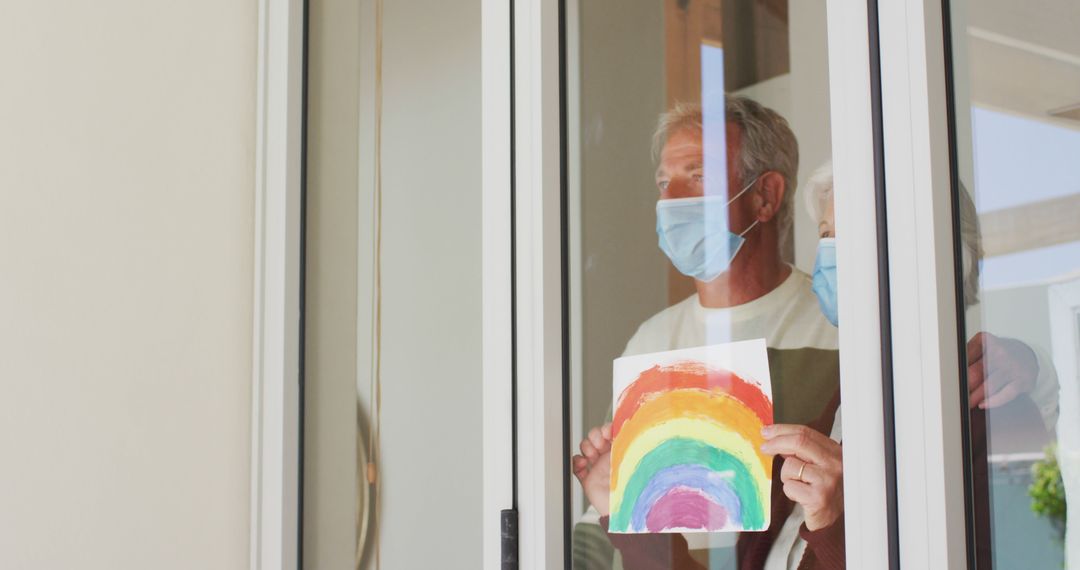 Senior Couple Wearing Masks Holding Rainbow Sign Behind Window - Free Images, Stock Photos and Pictures on Pikwizard.com