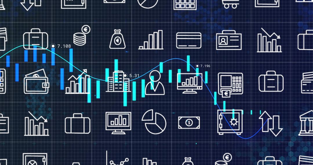Displaying teal candlesticks and blue trend line on digital finance dashboard with icons