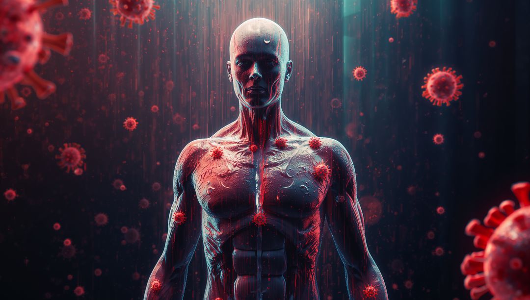 Futuristic Human Anatomy Model with Virus Particles in Digital Space