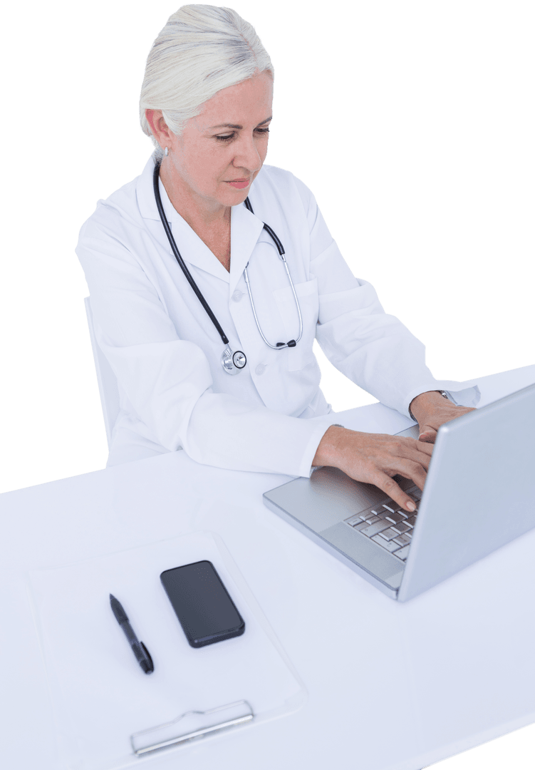 Female Doctor Using Laptop on Transparent Background