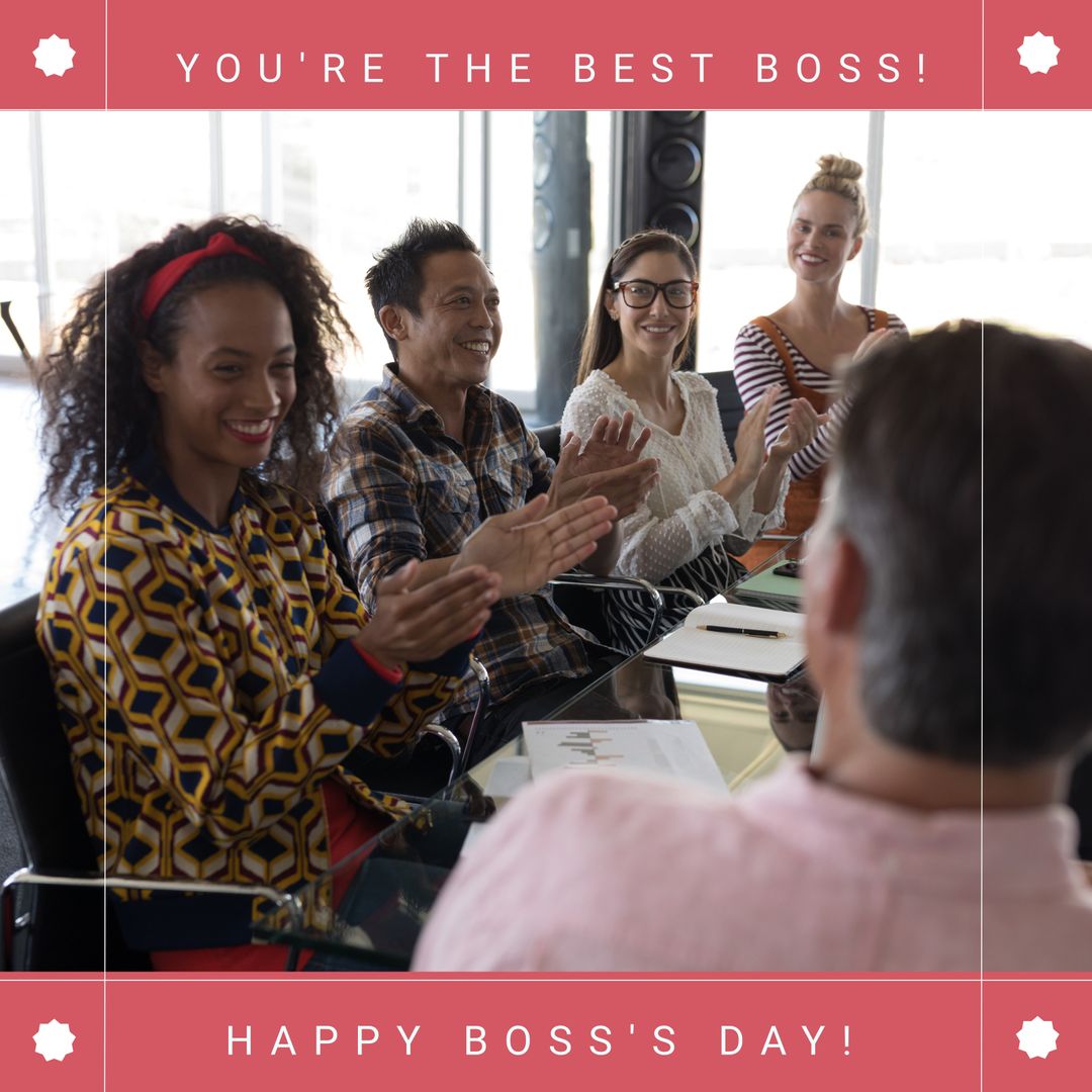 Happy Boss's Day Celebration in Vibrant Office Team Meeting