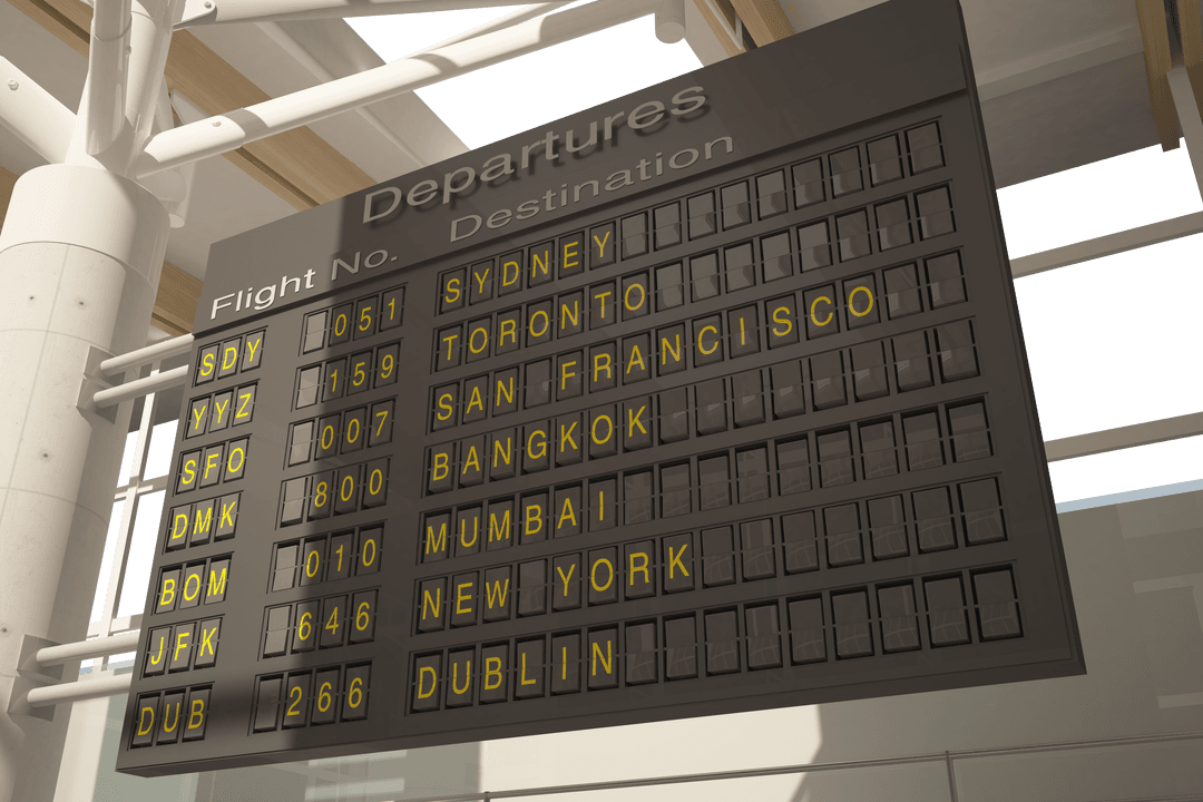 Transparent Flight Departures Board with Yellow Text at Airport