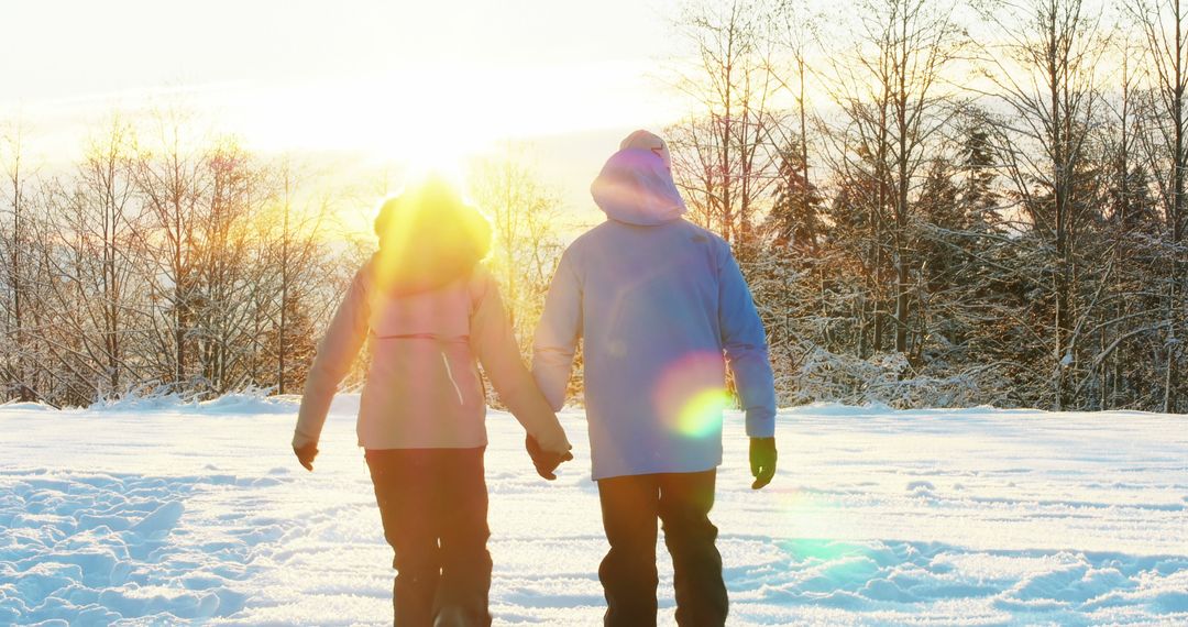 Couple Holding Hands Walking in Snowy Winter Landscape at Sunset - Free Images, Stock Photos and Pictures on Pikwizard.com