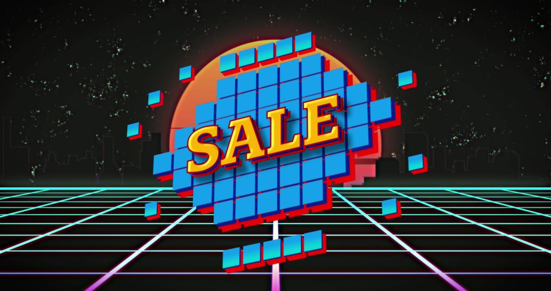 Retro Digital Sale Graphic with Neon Cityscape