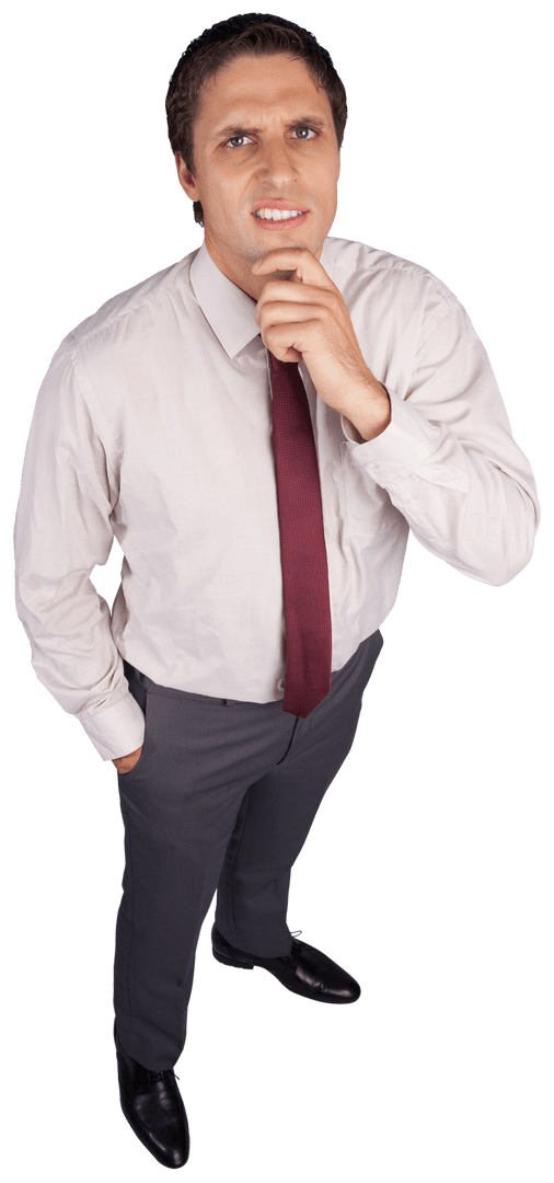 Transparent Man Thinking with Hand on Chin in Formal Attire