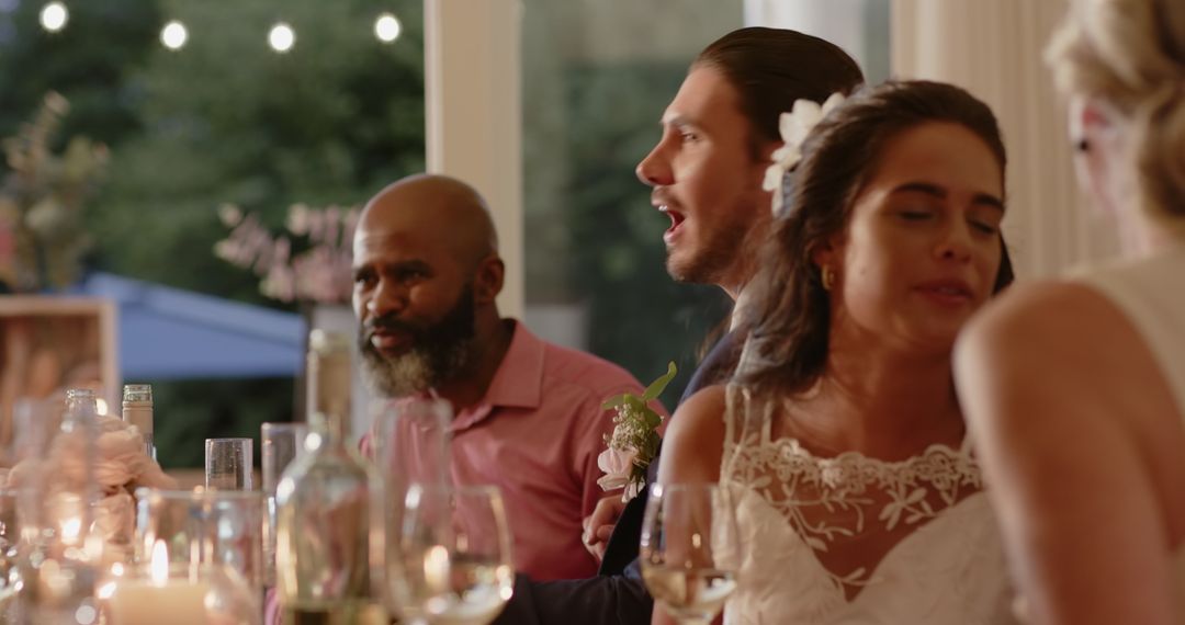 Guests Enthusiastically Socializing at Wedding Reception Dinner