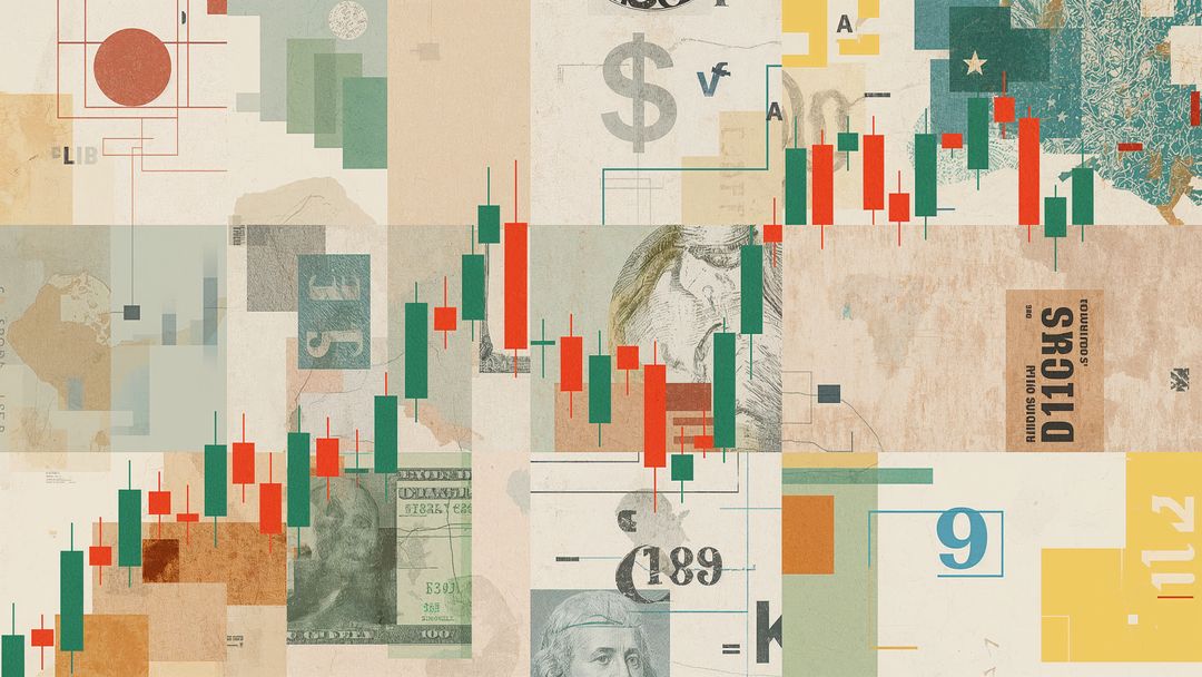 Abstract Financial Collage Featuring Candlestick Chart and Currency Symbols
