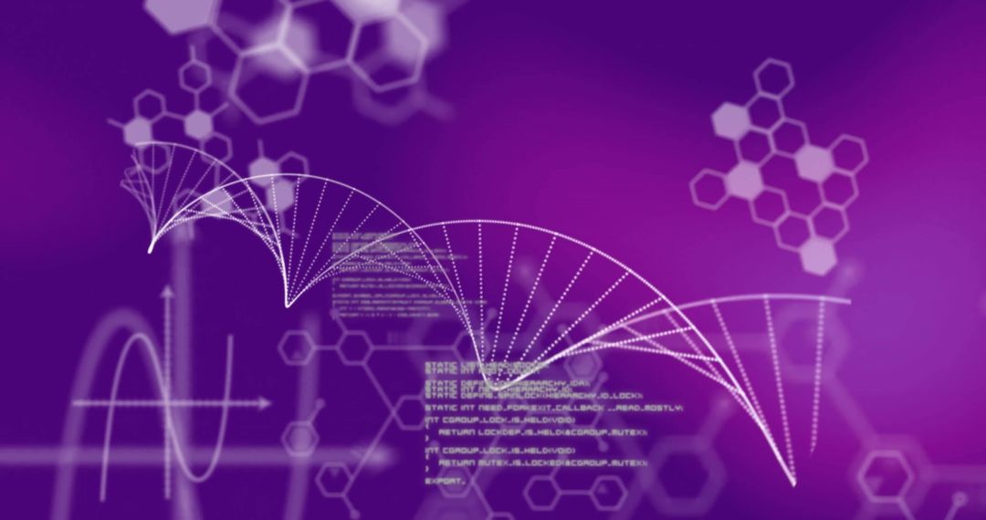 Digital DNA Strand with Abstract Tech Data on Purple Background
