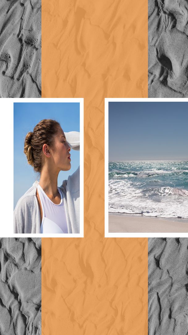 Contemplative Woman Embracing Ocean Breeze on Tranquil Beach
