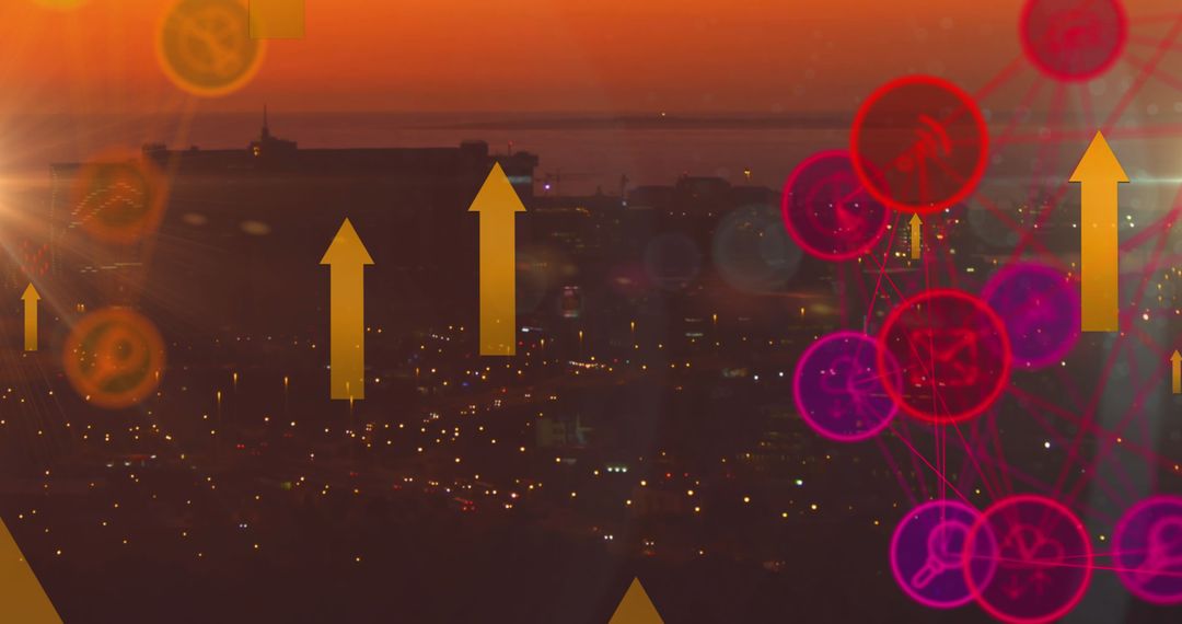 Cityscape Overlayed with Digital Network Connections Illustrating Technology Concepts