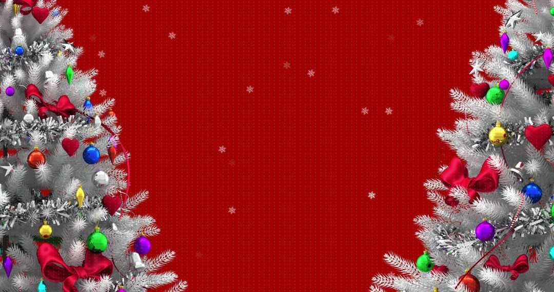 Festive Christmas Trees on Red with Falling Snowflakes