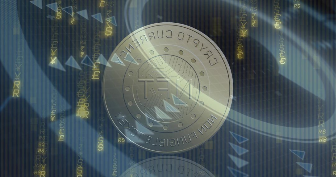 Futuristic Cryptocurrency NFT Coin with Floating Symbols