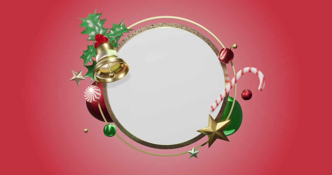Festive Christmas Frame with Decorations on Red Background