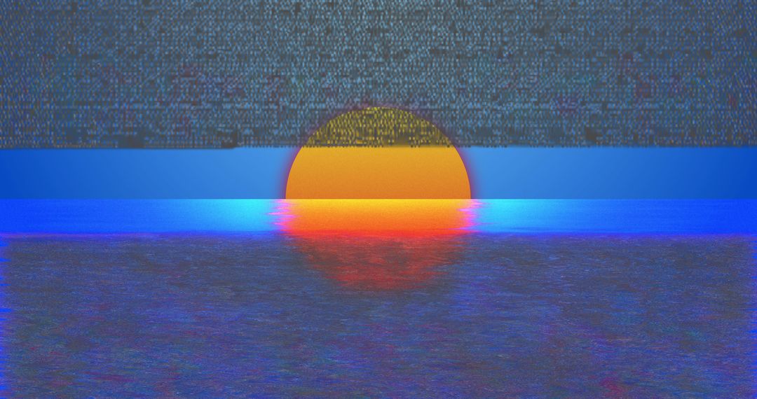 Abstract Digital Glitch Sunset Over Calm Ocean Surface