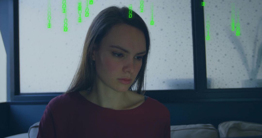 Woman Contemplating in Dim Room with Futuristic Digital Code