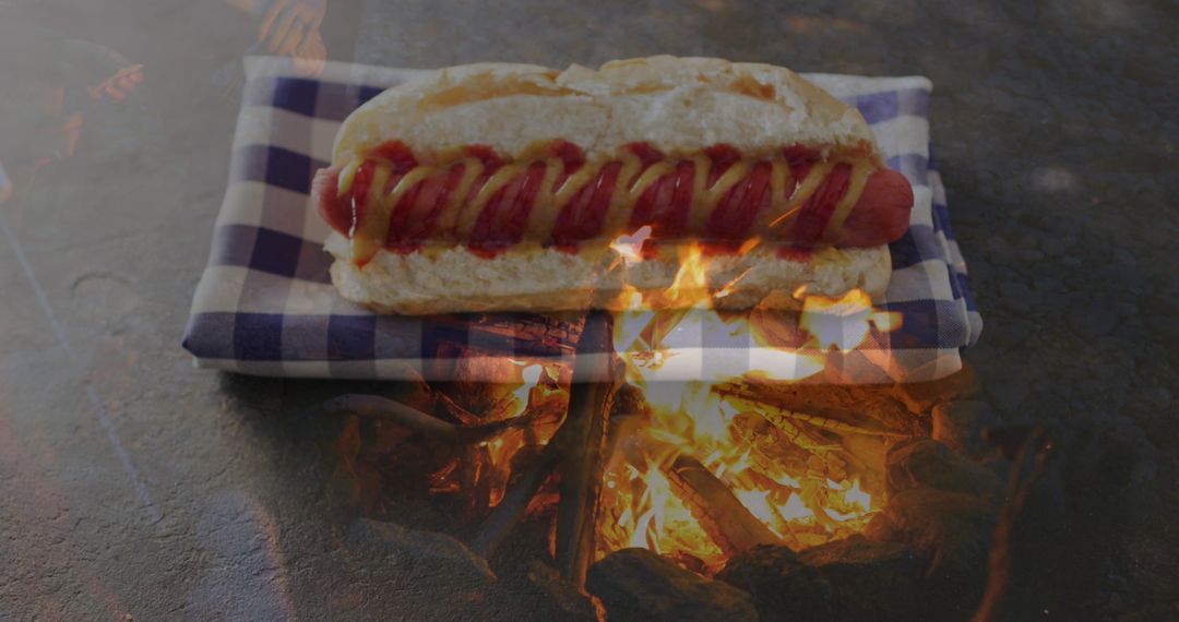 Grilled Hot Dog on Rustic Background with Warm Firelight Overlay