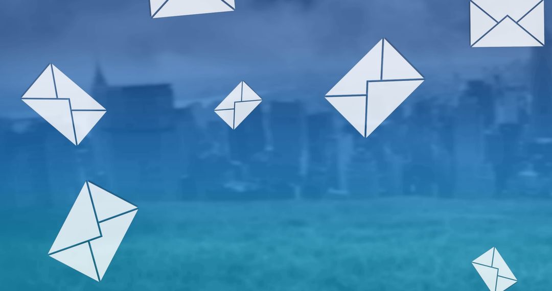 Floating Email Icons Above Modern Cityscape