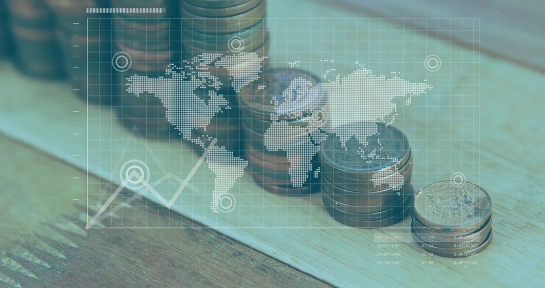 Rising Coin Stacks with Digital Map Indicating Global Economic Growth