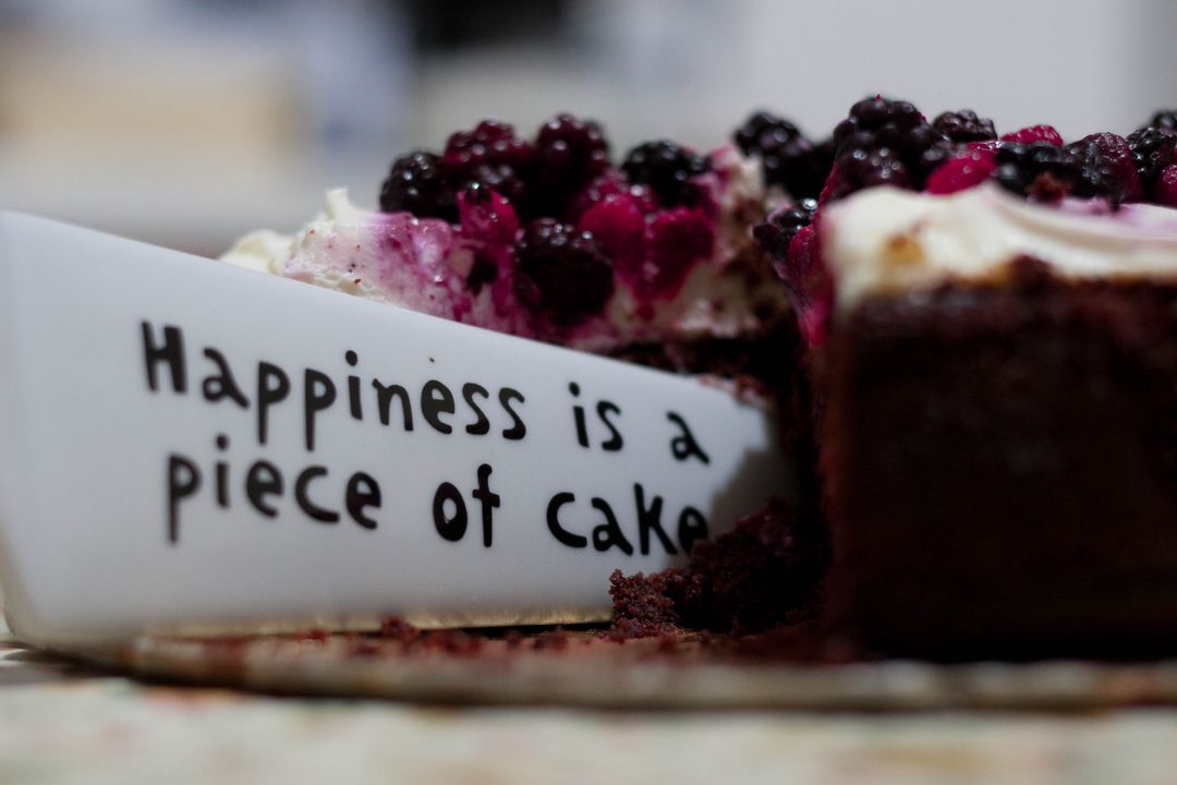 Delicious chocolate cheesecake with mixed berry topping and motivational message