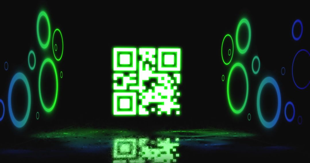 Neon Green QR Code with Futuristic Circular Graphic Elements