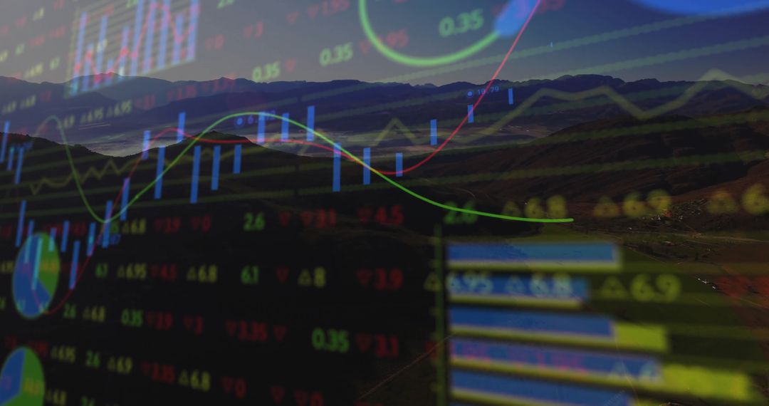 Futuristic Financial Data Over Desert Highway at Dusk