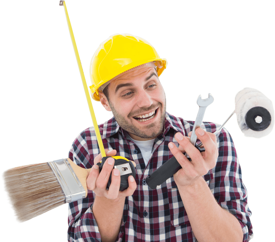 Male Construction Worker Holding Various Tools Transparent Background