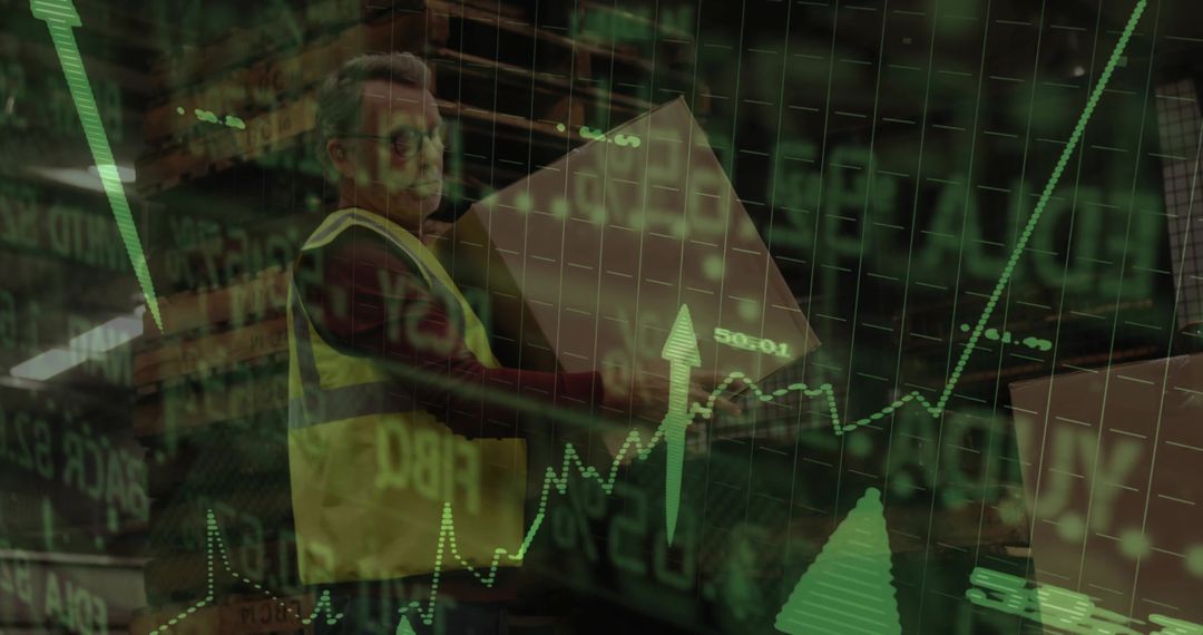 Warehouse Logistics Worker with Data Technology Overlay