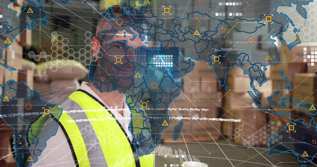 Warehouse Worker Monitoring Global Supply Chain with Augmented Reality Overlay