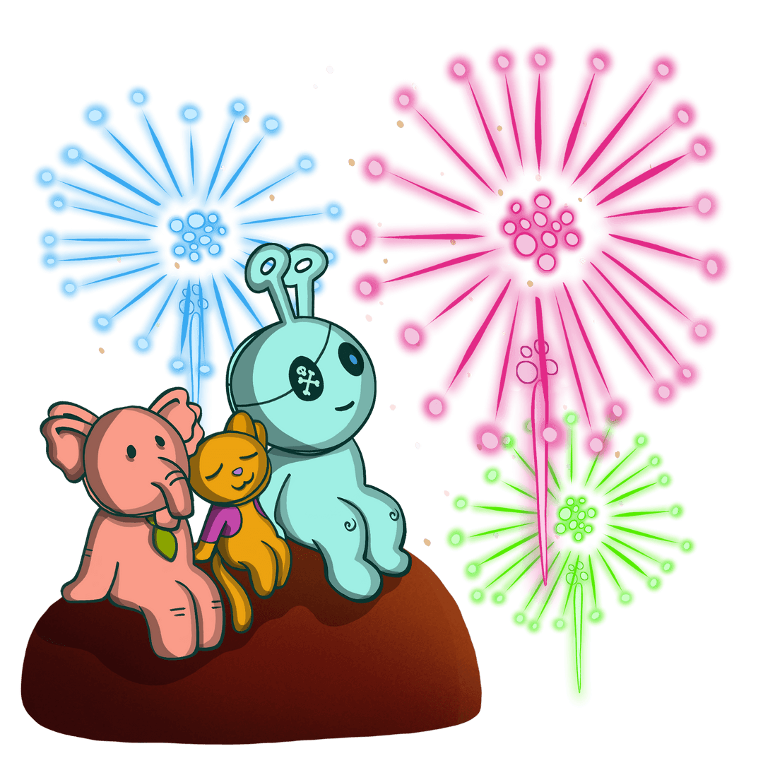 Whimsical Cartoon Plushies and Colorful Fireworks on Transparent Background