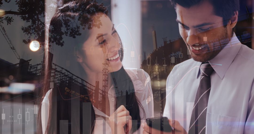 Diverse Professionals Analyzing Data with Urban Overlay