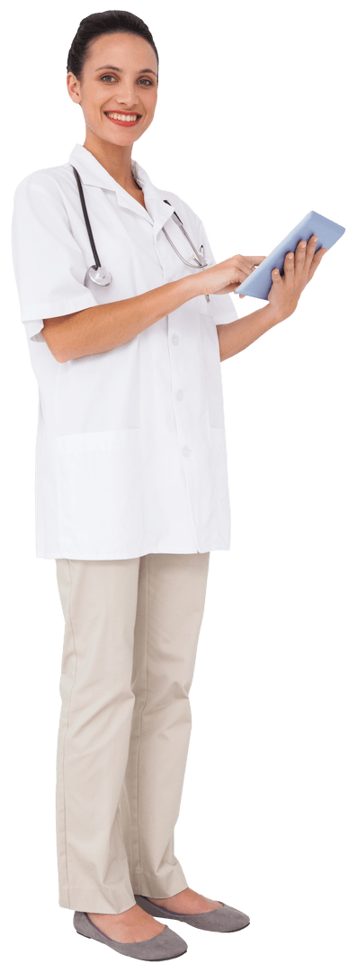 Transparent Cheerful Nurse Using Tablet with Clipboard