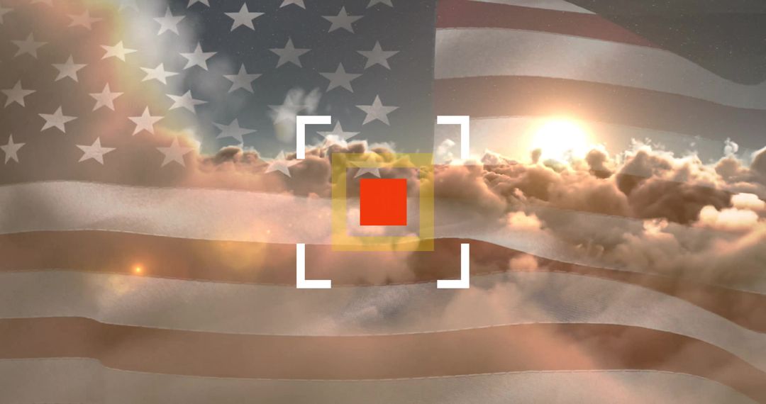 American Flag Overlay on Sunset Clouds with Abstract Design