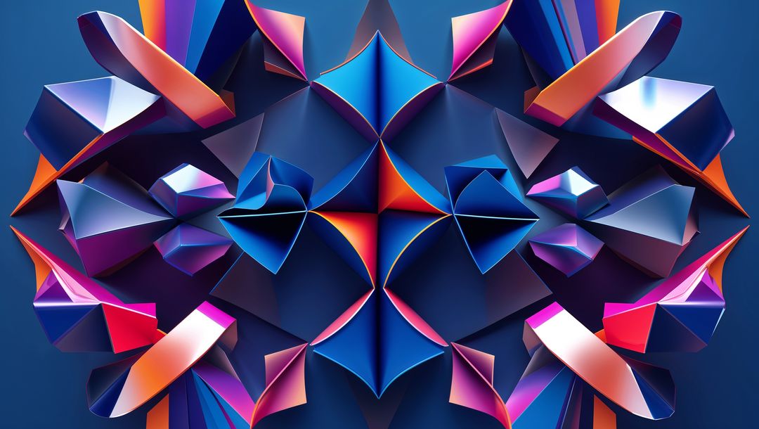 Vibrant Geometric Kaleidoscope of 3D Shapes on a Blue Background