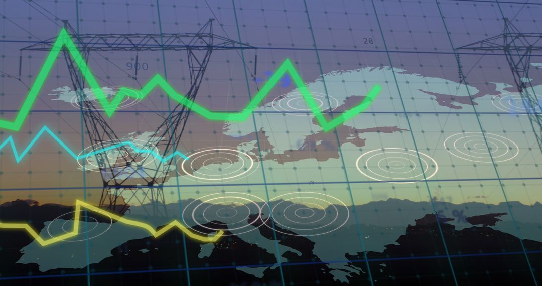 Energy Grid with Data Overlay Reflecting Economic Trends in Europe
