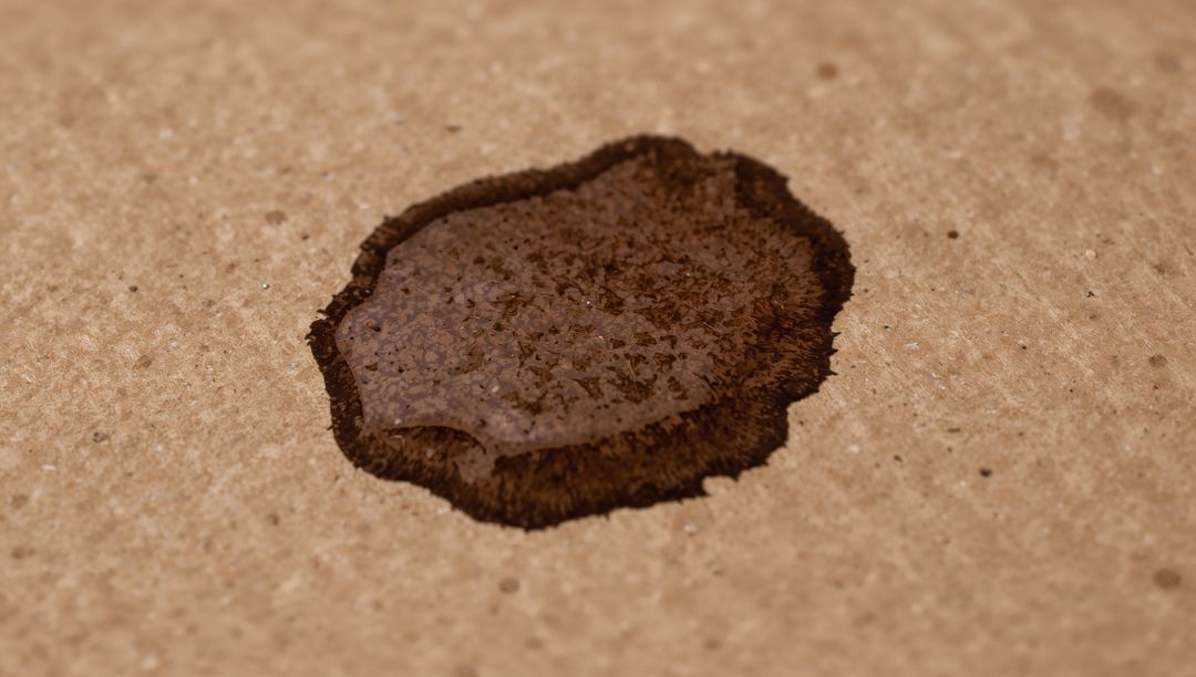 Dark Brown Liquid Spill Spreading on Kraft Paper with Glossy Fibrous Stain Texture