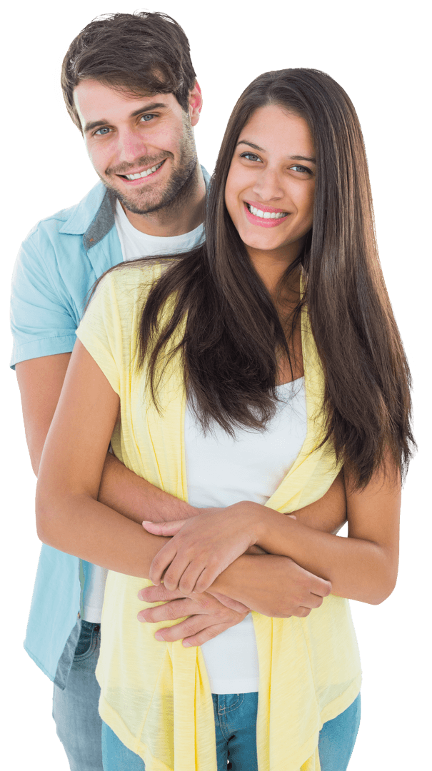 Transparent Happy Casual Couple Embracing and Smiling